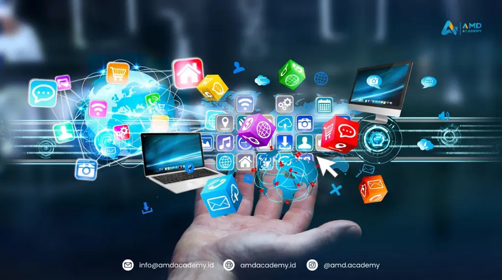 Visual konsep pemasaran digital: laptop, ikon media sosial, dan jaringan global untuk pelatihan dan sertifikasi BNSP digital marketing.