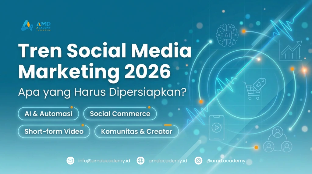 Poster “Tren Social Media Marketing 2026” dengan latar biru futuristik, ikon AI dan grafik naik, topik AI & Automasi, Social Commerce, Short-form Video, Komunitas & Creator—pelatihan social media marketing.