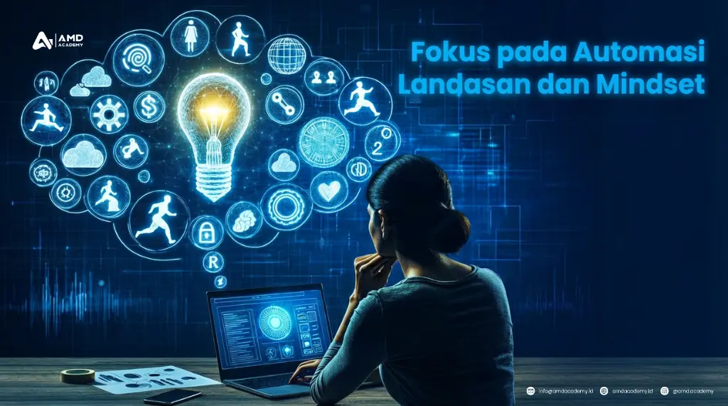 Perempuan menatap laptop dengan ikon automasi; teks “Fokus pada Automasi, Landasan dan Mindset”; pelatihan dan sertifikasi BNSP digital marketing.