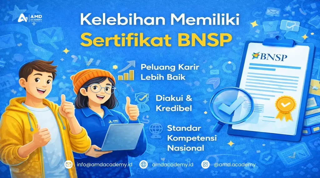Infografis manfaat pelatihan dan sertifikasi BNSP: karir, kredibel, standar nasional.