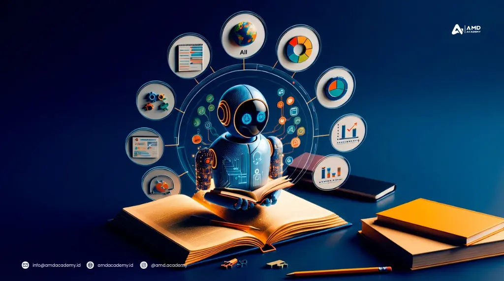 Ilustrasi AI mempelajari data—pie chart, grafik, dashboard—untuk pelatihan dan sertifikasi BNSP digital marketing.
