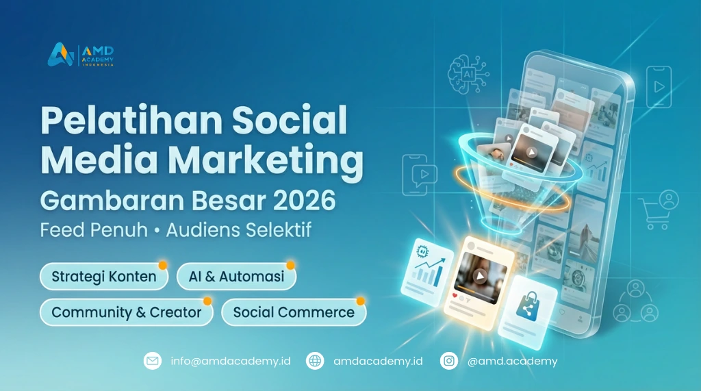 Pelatihan Social Media Marketing: Gambaran Besar 2026” dengan ilustrasi smartphone dan konten melayang, poin Strategi Konten, AI & Automasi, Community & Creator, Social Commerce—pelatihan social media marketing.