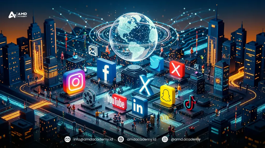 Kota futuristik dengan jaringan global dan logo Instagram, Facebook, X/Twitter, LinkedIn, YouTube, TikTok, Snapchat; promosi pelatihan dan sertifikasi BNSP digital marketing.