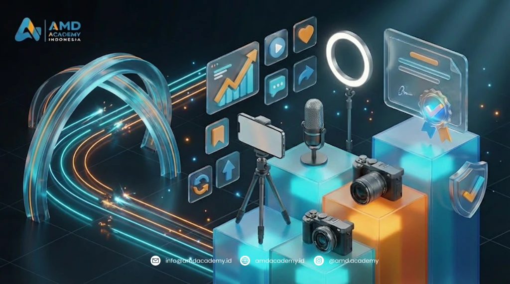 Pelatihan conten creator: ilustrasi kamera, mic, ring light, dan ikon engagement.