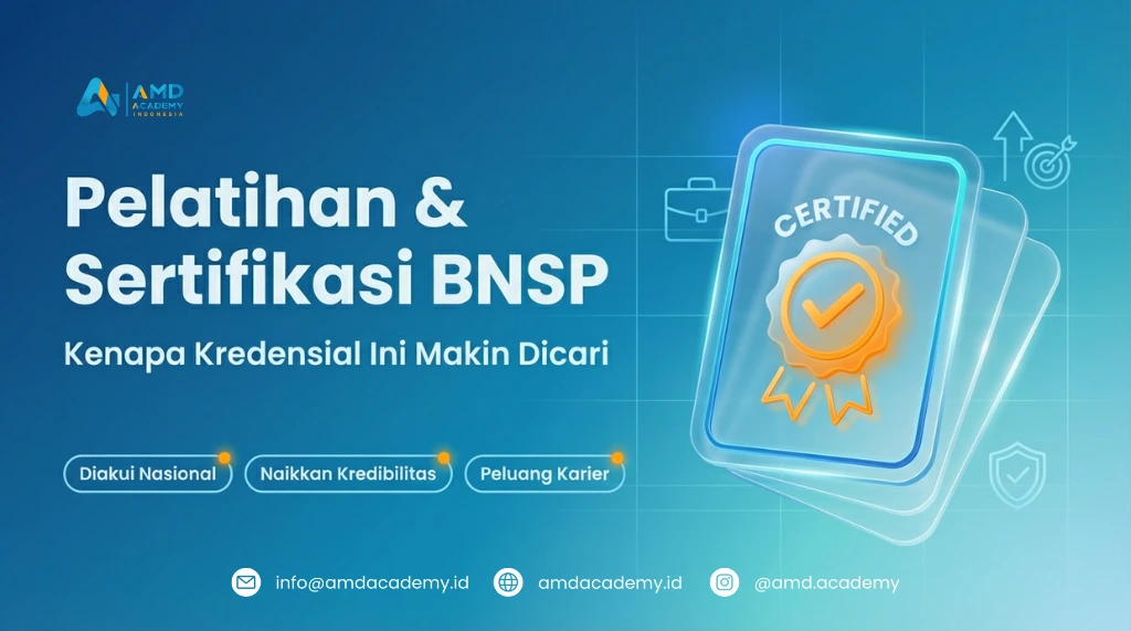 Pelatihan & Sertifikasi BNSP” dengan ikon lencana “Certified”, manfaat diakui nasional, naikkan kredibilitas, peluang karier, nuansa biru modern—pelatihan social media marketing.