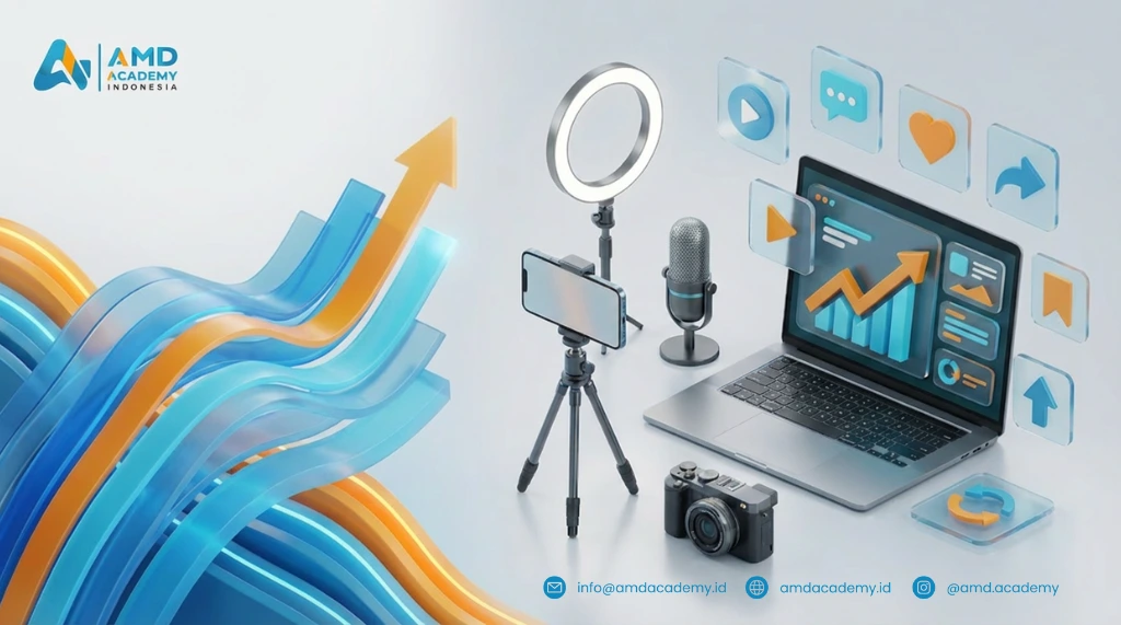Pelatihan conten creator: setup laptop analitik, kamera, mic, dan ring light.