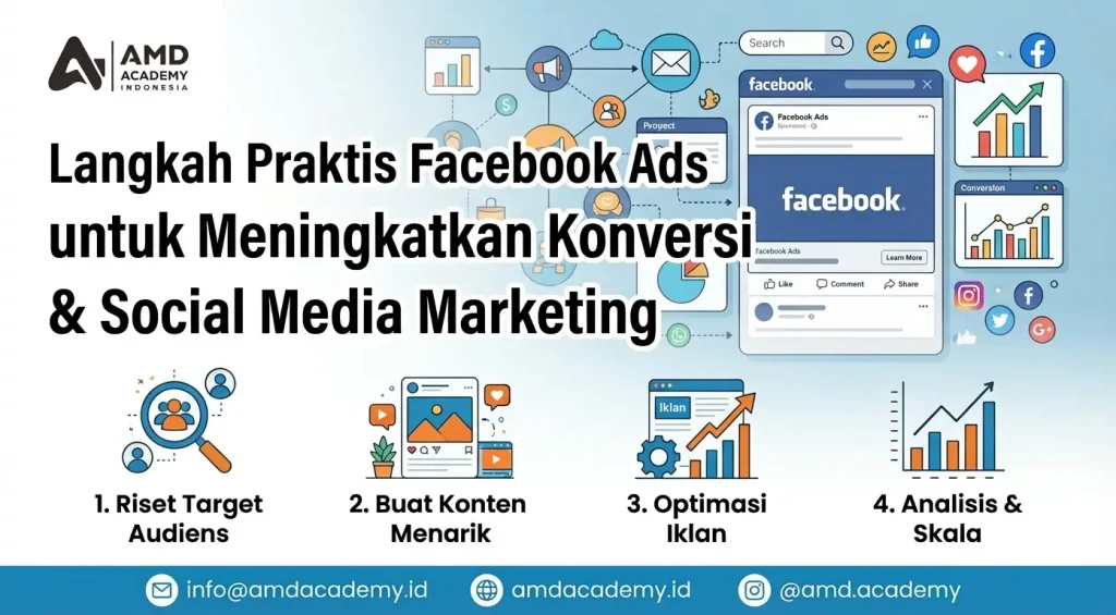 Ilustrasi materi pelatihan sosial media marketing AMD Academy Indonesia berjudul “Langkah Praktis Facebook Ads untuk Meningkatkan Konversi & Social Media Marketing” yang menampilkan langkah riset target audiens, membuat konten menarik, optimasi iklan, serta analisis dan skala dengan ikon grafik dan tampilan Facebook Ads.