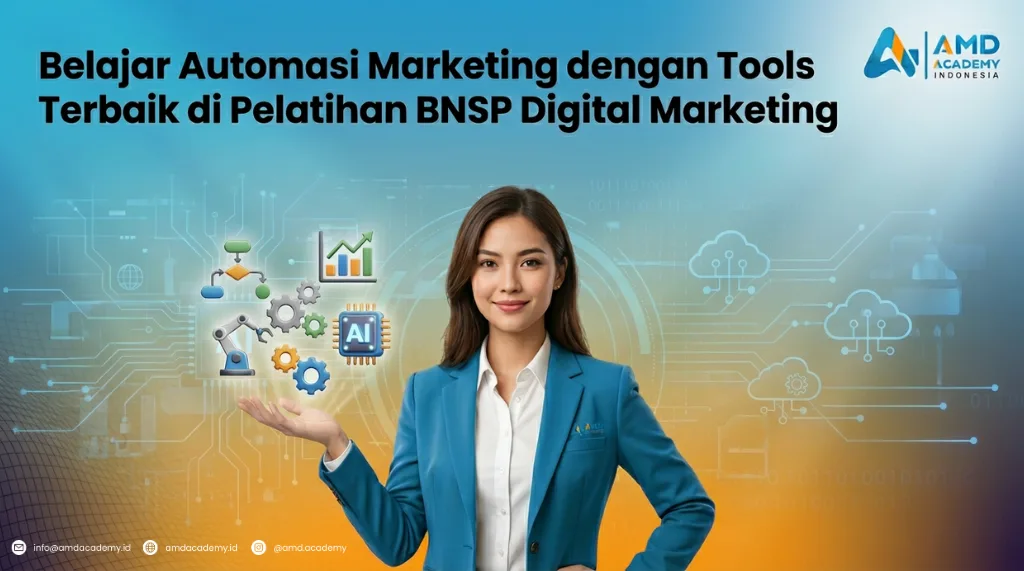 Banner pelatihan dan sertifikasi BNSP digital marketing—wanita profesional dengan ikon AI & automasi pemasaran.