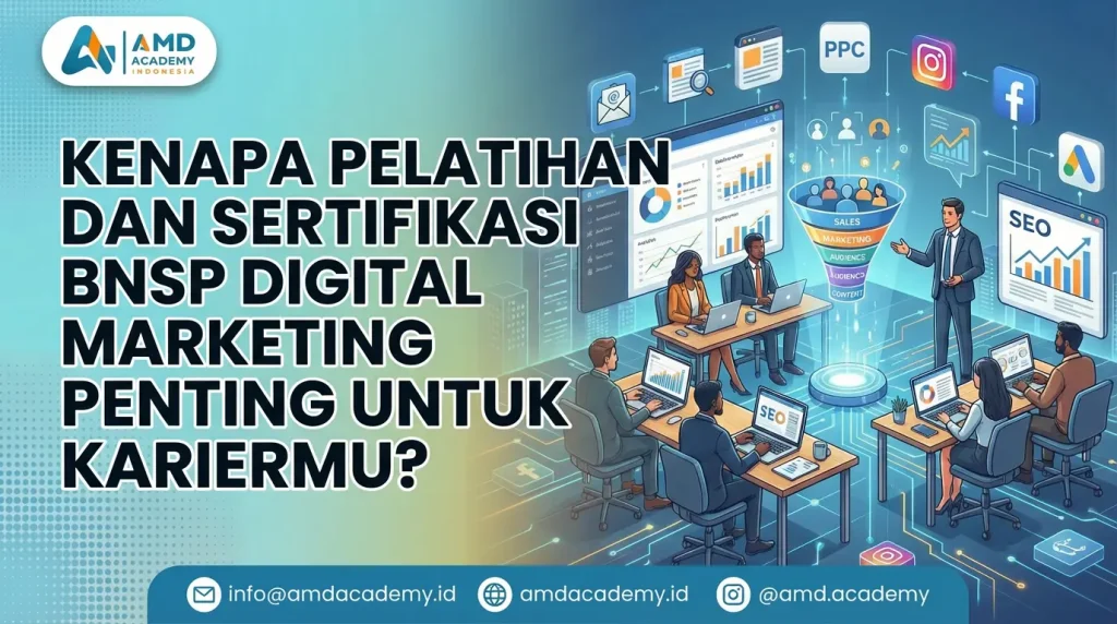 Banner Kenapa Pelatihan & Sertifikasi BNSP Digital Marketing Penting untuk Kariermu dengan ilustrasi kelas digital marketing dan ikon SEO, PPC, serta media sosial.
