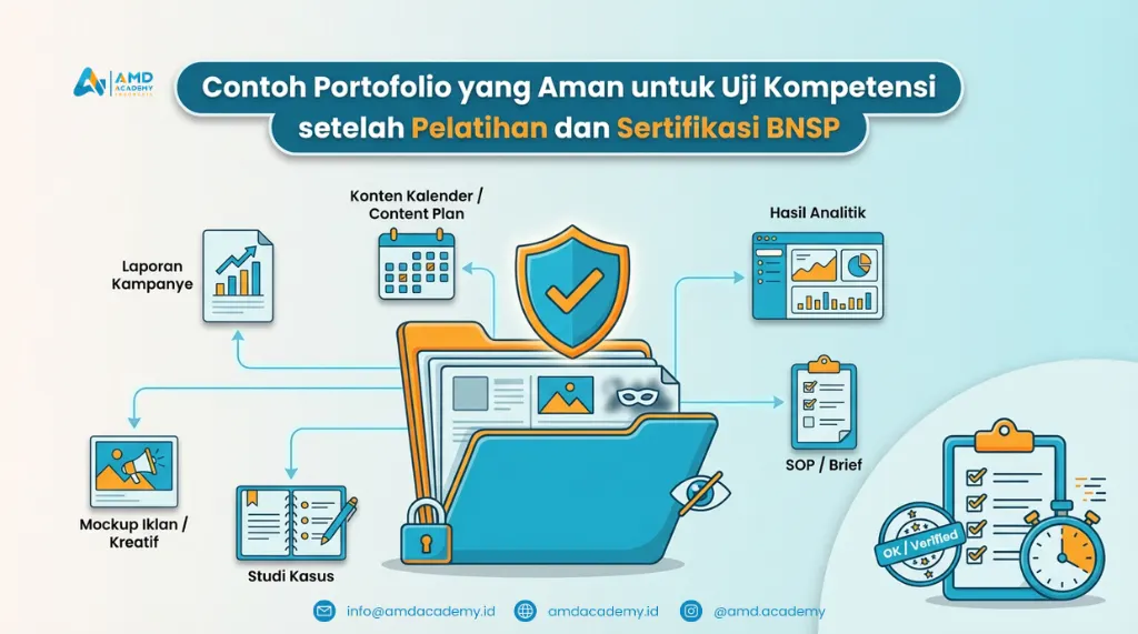 Contoh portofolio aman untuk uji kompetensi: laporan kampanye, content plan, analitik, SOP/brief, mockup iklan—pelatihan dan sertifikasi BNSP.