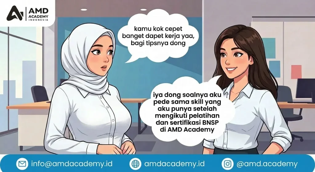 Ilustrasi dua wanita muda berdiskusi di kantor tentang cepatnya mendapat kerja setelah ikut pelatihan sosial media marketing dan sertifikasi BNSP di AMD Academy Indonesia.