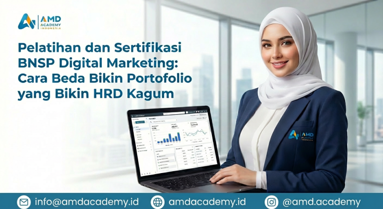 Poster pelatihan BNSP Digital Marketing AMD Academy: wanita berhijab berblazer biru memegang laptop berisi dashboard analitik