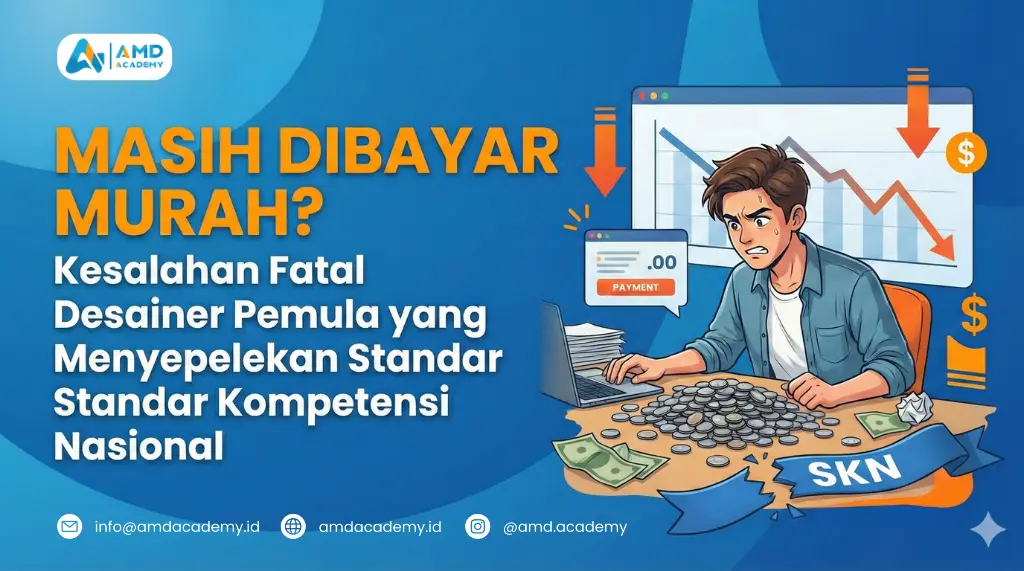 Ilustrasi desainer pemula yang kurang kompetitif tanpa standar kompetensi dalam Pelatihan dan Sertifikasi BNSP.