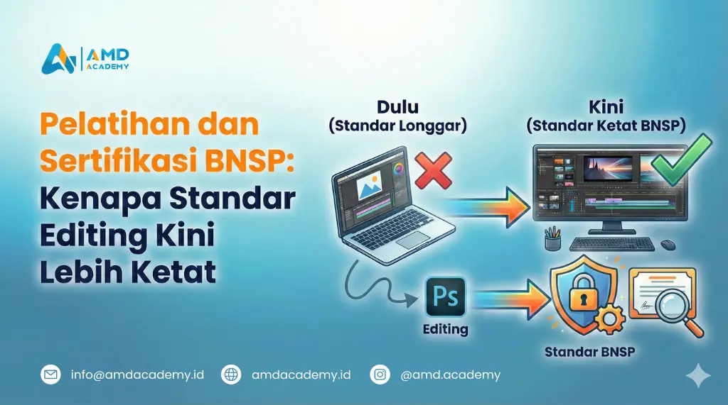 Ilustrasi perbandingan standar editing lama yang longgar dengan standar ketat hasil pelatihan dan sertifikasi BNSP.