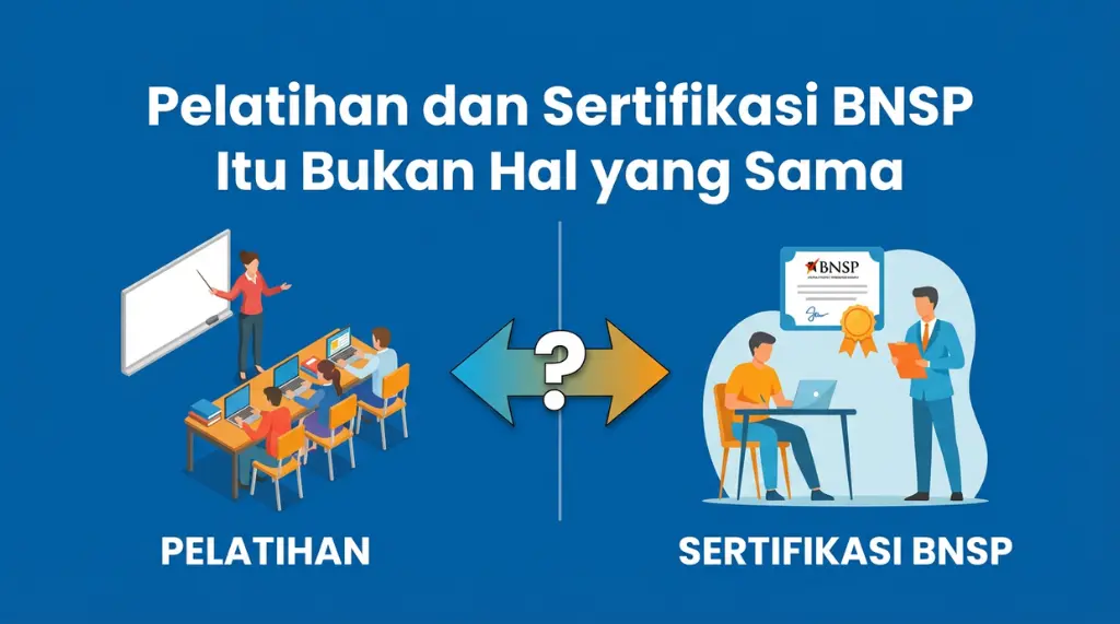 Ilustrasi perbedaan pelatihan dan sertifikasi BNSP: kelas vs uji kompetensi.