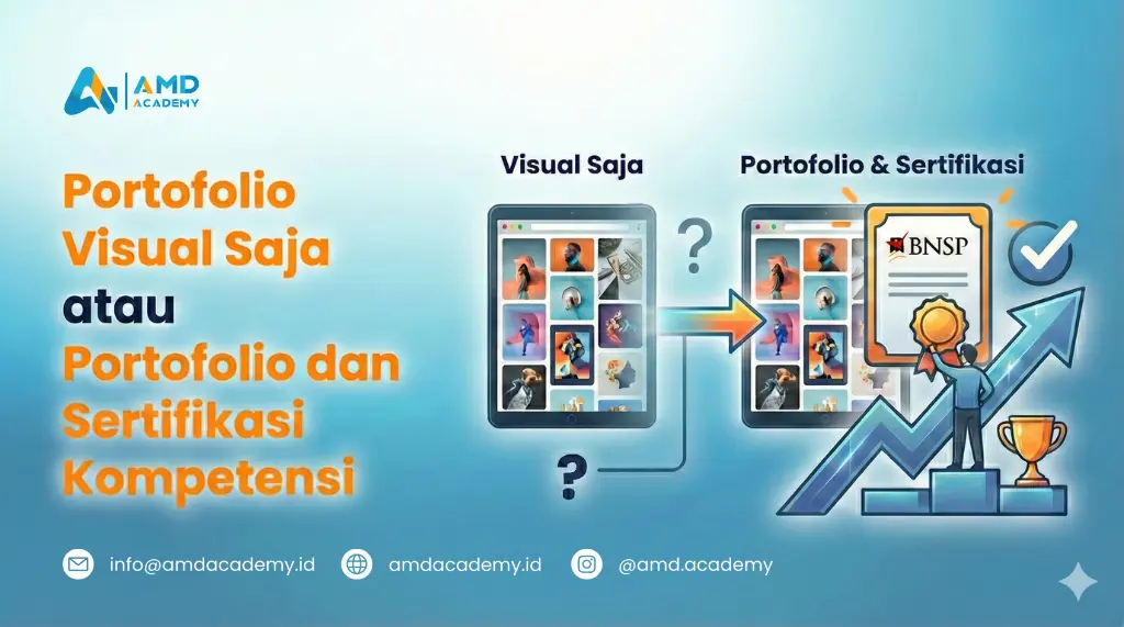 Visual perbandingan antara hanya memiliki portofolio biasa dengan memiliki portofolio yang diperkuat oleh pelatihan dan sertifikasi BNSP.