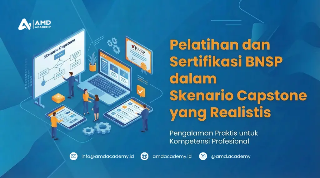 Ilustrasi skenario capstone realistis untuk pelatihan dan sertifikasi BNSP Digital Marketing Manager.