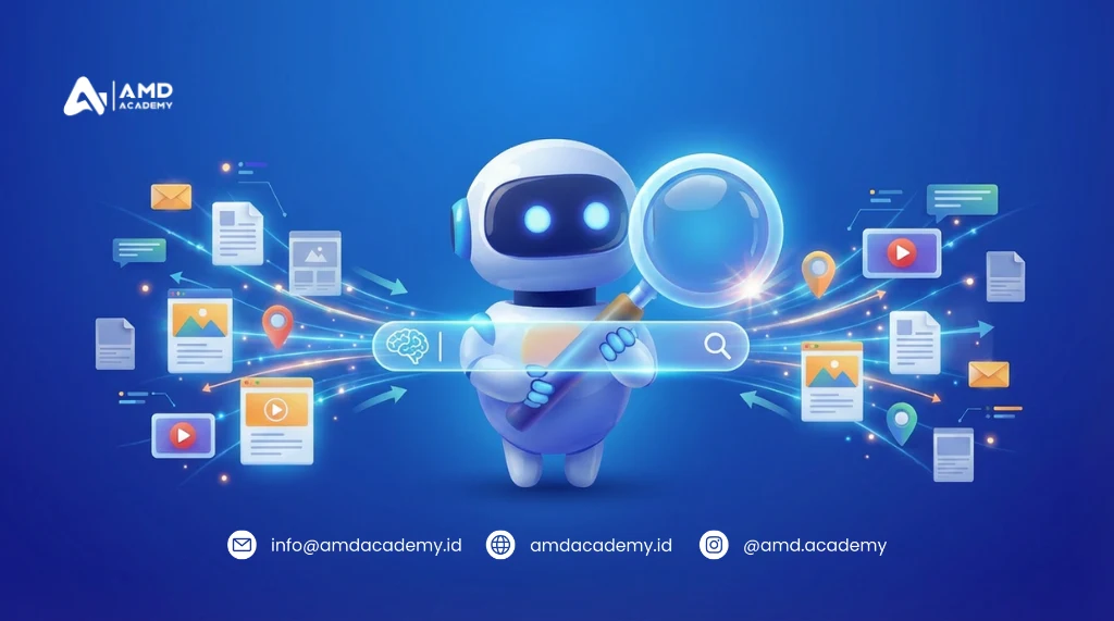 Robot AI menelusuri konten digital lewat search bar untuk pelatihan dan sertifikasi BNSP.