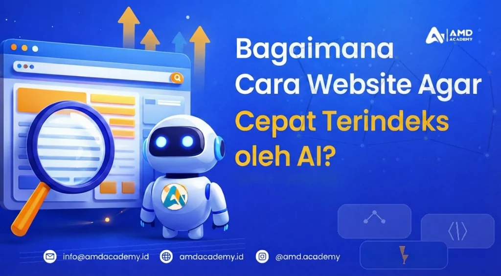 Banner robot AI & kaca pembesar, tips website cepat terindeks untuk pelatihan dan sertifikasi BNSP.