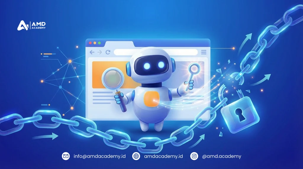 Ilustrasi robot AI, website, rantai dan gembok—keamanan untuk pelatihan dan sertifikasi BNSP.