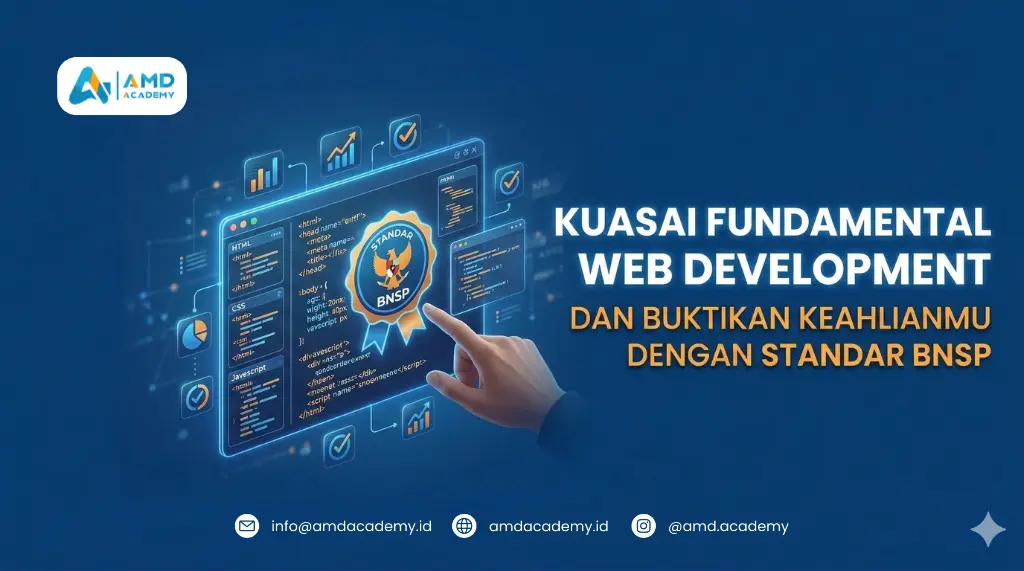 Poster program pelatihan dan sertifikasi BNSP untuk bidang Web Development dari AMD Academy yang menekankan penguasaan fundamental HTML, CSS, dan JavaScript sesuai standar kompetensi nasional.