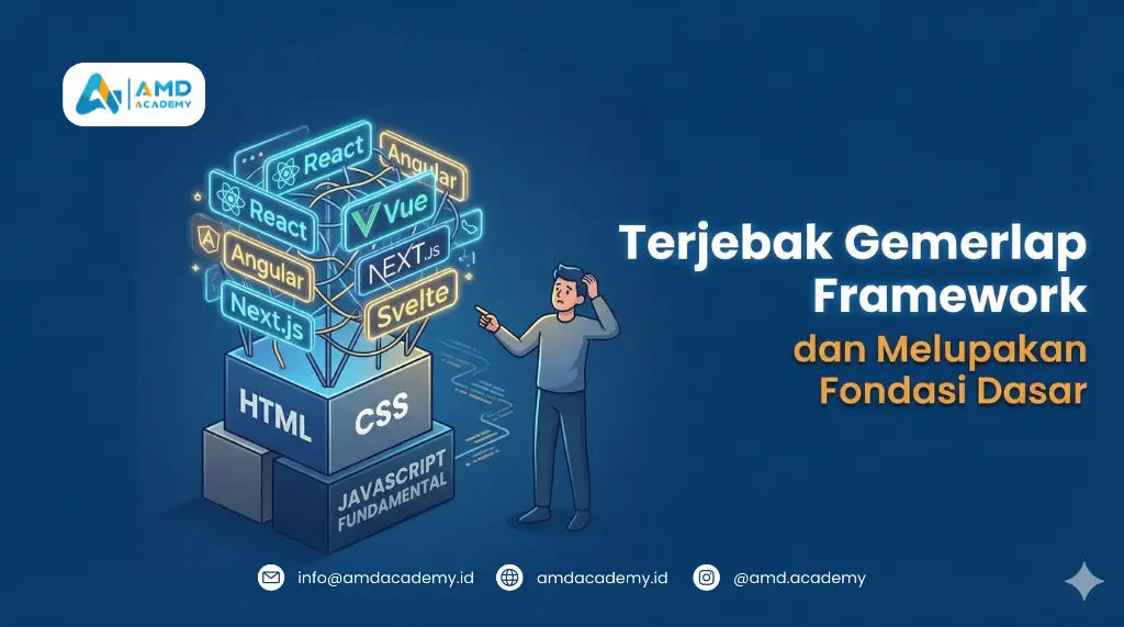 Ilustrasi edukasi mengenai pentingnya fondasi dasar pemrograman (HTML, CSS, JS) sebelum mempelajari berbagai framework, sebagai bagian dari persiapan mengikuti pelatihan dan sertifikasi BNSP.