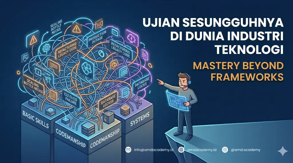 Visualisasi tantangan dunia industri teknologi seperti refactoring dan scaling yang memerlukan keahlian mendalam di luar framework, yang dapat divalidasi melalui program pelatihan dan sertifikasi BNSP.