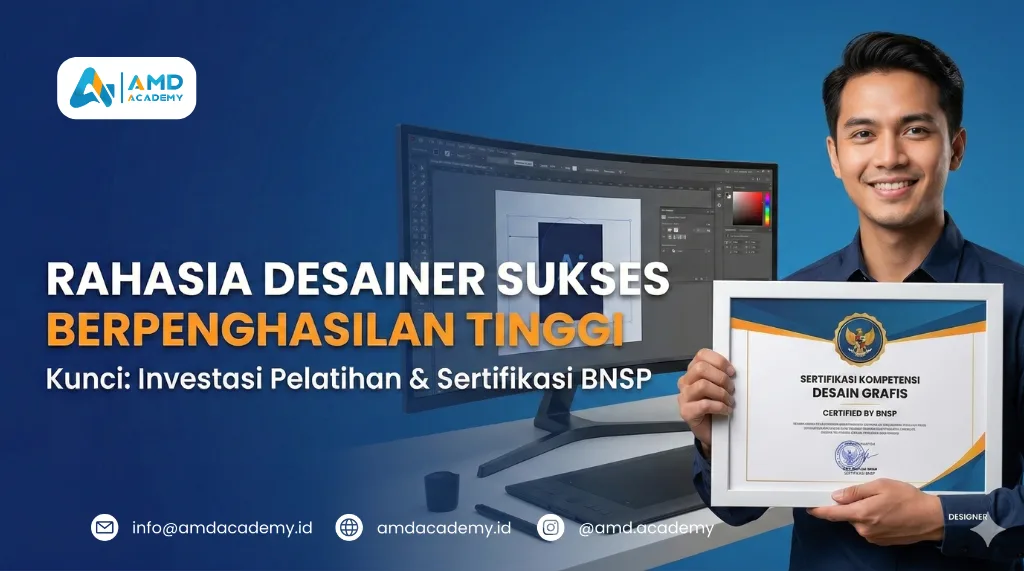 Poster rahasia desainer sukses berpenghasilan tinggi melalui pelatihan dan sertifikasi BNSP di AMD Academy.