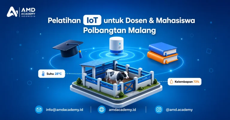 Cover pelatihan IoT AMD Academy untuk dosen dan mahasiswa PPKH Polbangtan Malang dengan ilustrasi kandang cerdas