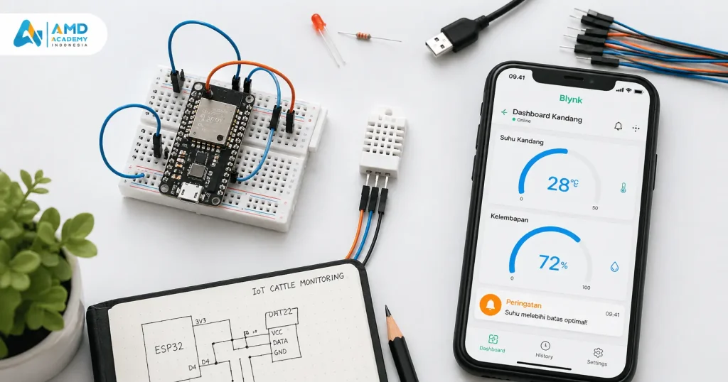 Komponen ESP32, sensor DHT22, dan dashboard Blynk yang digunakan dalam pelatihan IoT AMD Academy untuk monitoring kandang
