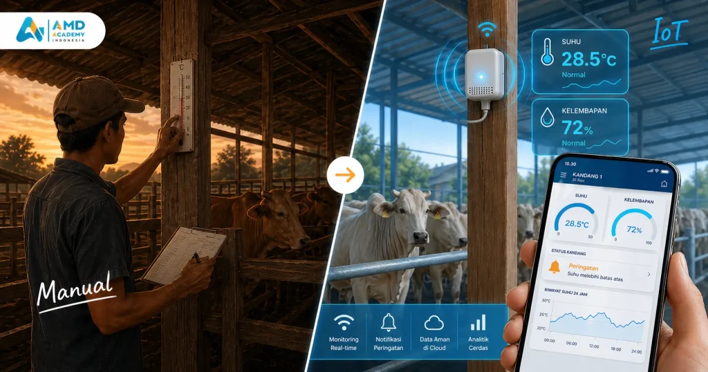 Perbandingan monitoring kandang cara manual versus otomatis dengan sensor IoT yang dipelajari pada pelatihan IoT AMD Academy