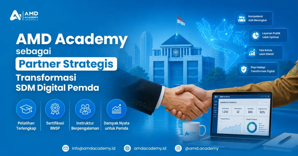 Handshake kerja sama AMD Academy dengan pemerintah daerah untuk transformasi SDM digital, dilengkapi dashboard pelatihan dan peta Indonesia