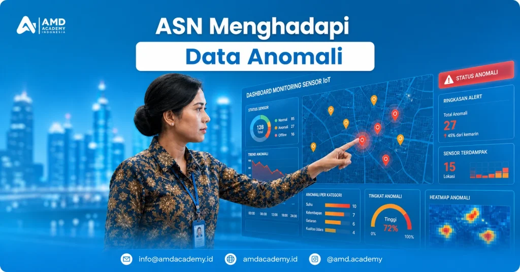 Aparatur sipil negara berbatik menganalisis dashboard monitoring sensor IoT smart city yang menampilkan peta heatmap dan alert data anomali