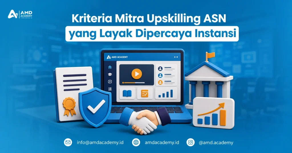 Ilustrasi kriteria mitra upskilling ASN yang layak dipercaya instansi pemerintah dengan simbol sertifikat, perlindungan, dan handshake kerja sama
Title attribute: