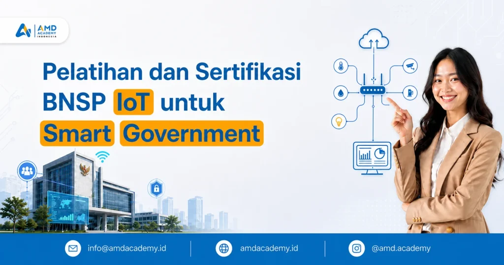 Profesional perempuan menjelaskan ekosistem IoT untuk smart government dengan latar gedung pemerintahan dan diagram sensor terintegrasi